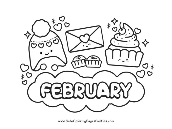 example of coloring sheet for the month of February, with cute illustrations of a winter hat, a love letter, and a cupcake, with hearts.