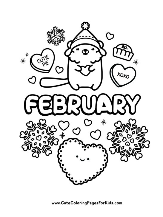 Example of coloring sheet with the word February and illustrations of conversation hearts, a groundhog, heart snowflakes, and a heart doily.
