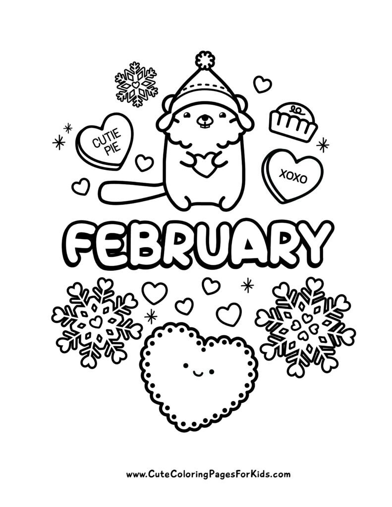 Example of coloring sheet with the word February and illustrations of conversation hearts, a groundhog, heart snowflakes, and a heart doily.