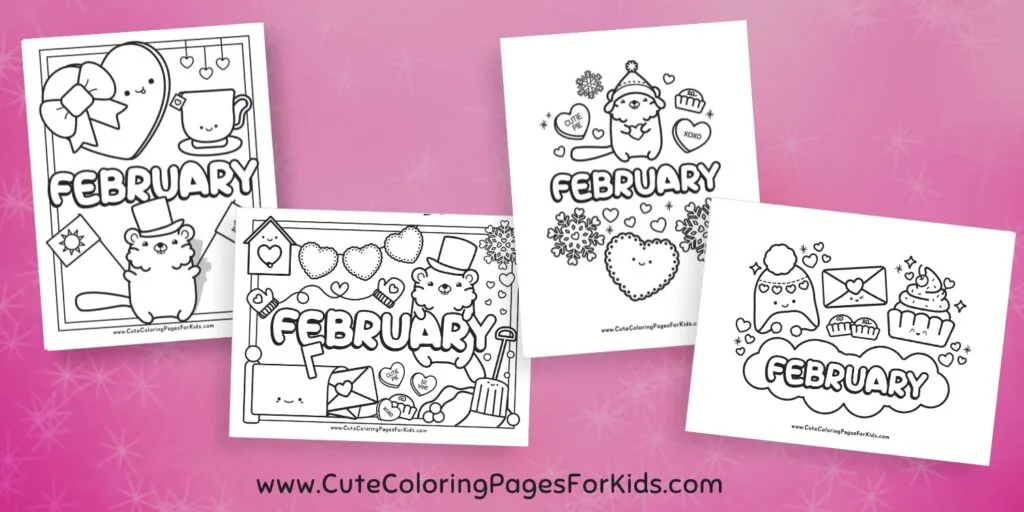 four February coloring pages on a pink background