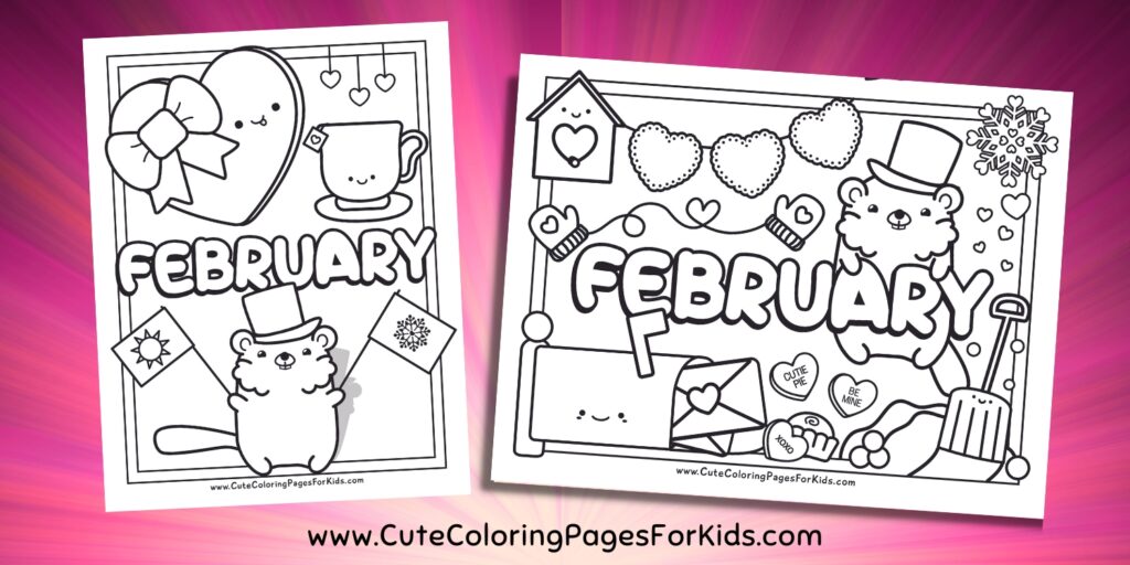 Two February coloring sheets on a pink and red starburst background.