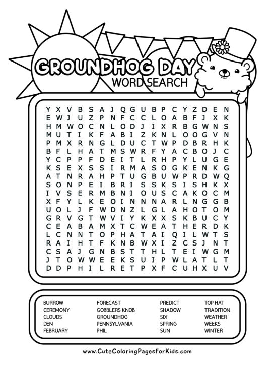 Black and white Groundhog Day word search puzzle with word list and illustration of a cute groundhog wearing a top hat, plus a sun, clouds and banner.