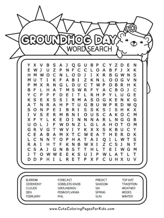 Black and white Groundhog Day word search puzzle with word list and illustration of a cute groundhog wearing a top hat, plus a sun, clouds and banner.