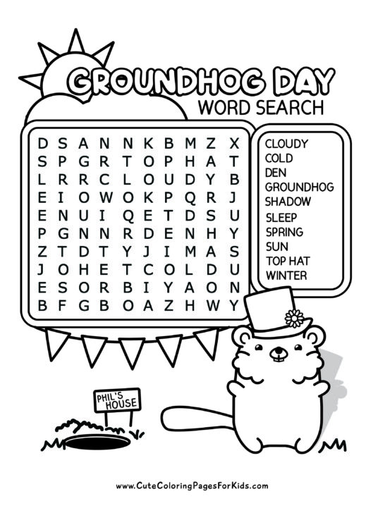 Simple word search with Groundhog Day words for young kids, that has 10 words and cute illustrations of groundhog, sun, and cloud.