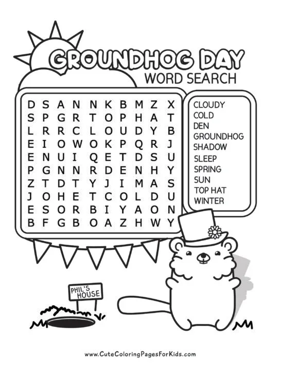 Simple word search with Groundhog Day words for young kids, that has 10 words and cute illustrations of groundhog, sun, and cloud.