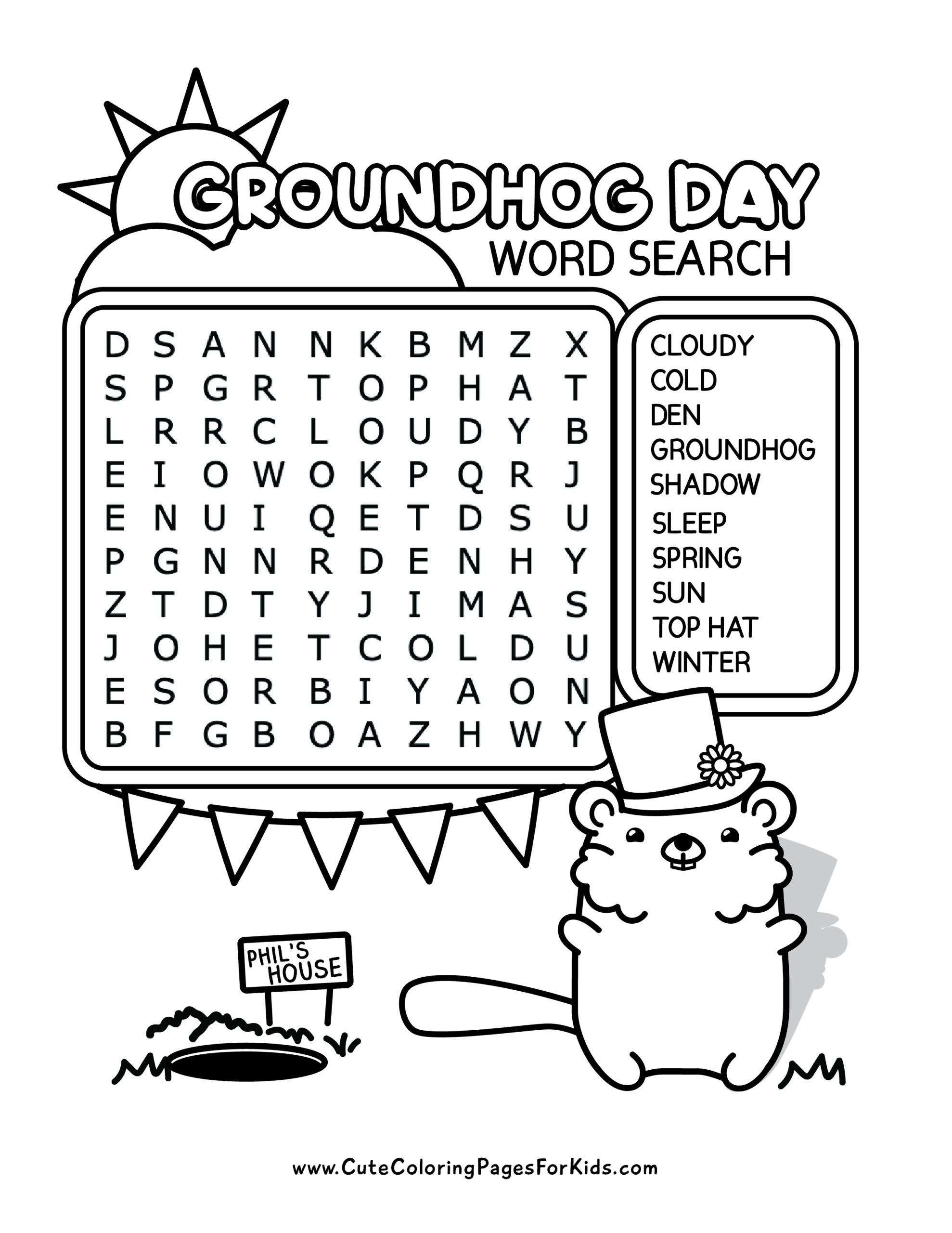 Groundhog Day Word Search for Kids Free Printable PDF Cute Coloring