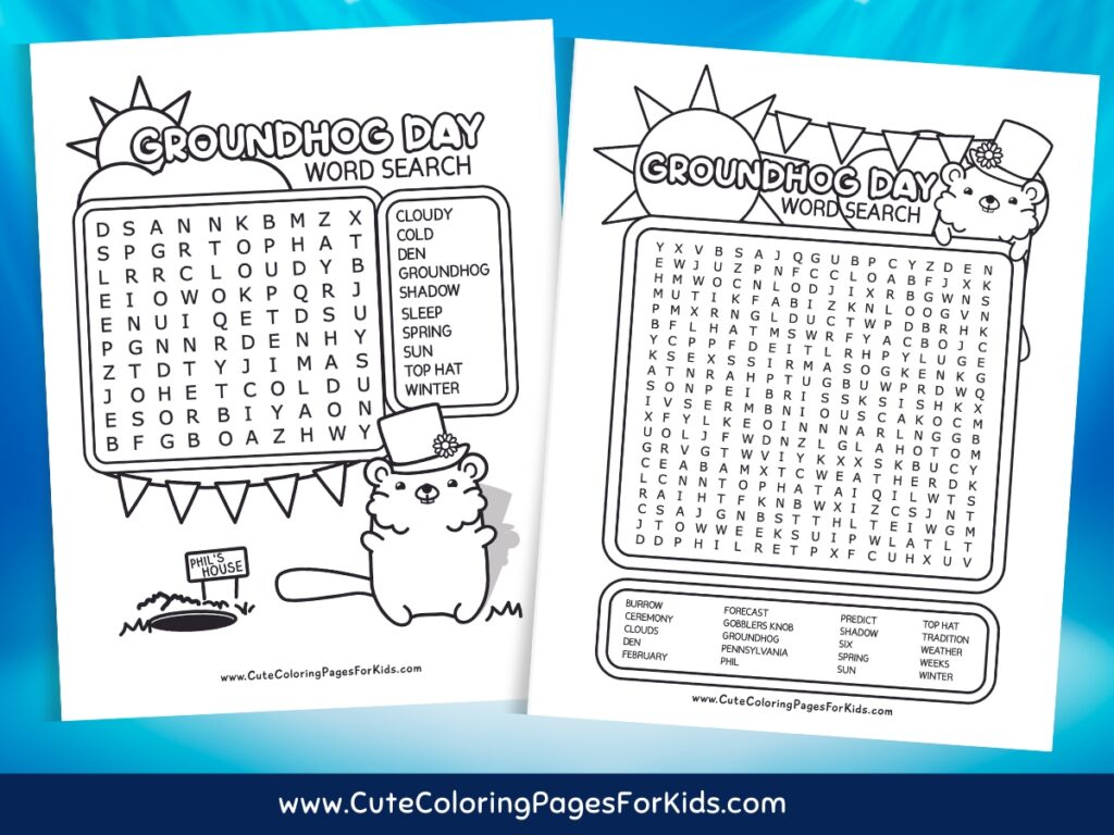 Two Groundhog Day themed word search puzzles in black and white with cartoon groundhog illustrations.
