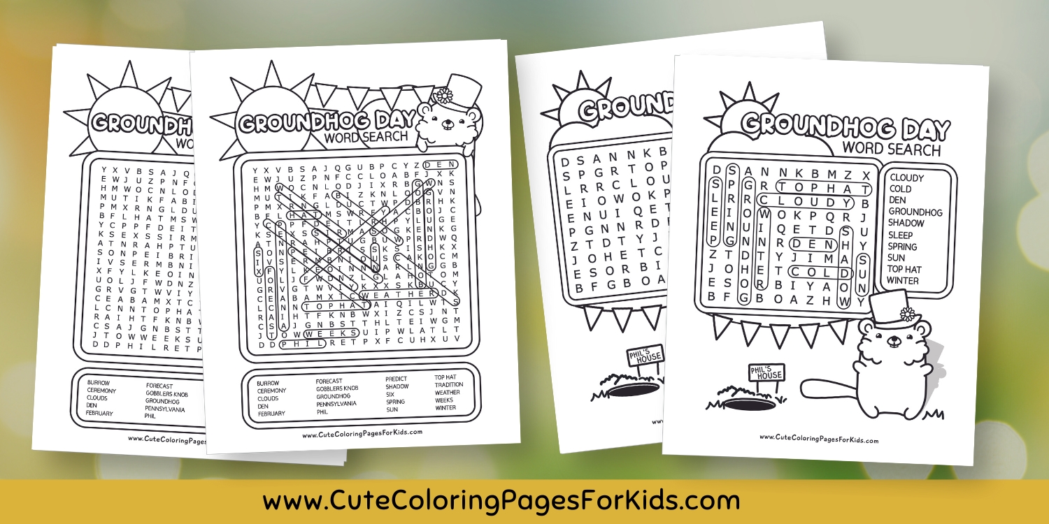 Four Groundhog Day themed word searches with answer key sheets. Black and white activity sheets on yellow-green background.