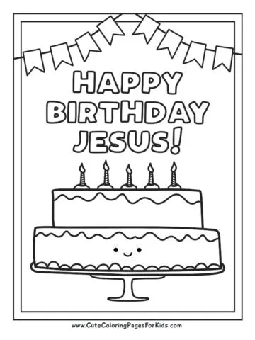 Happy Birthday Jesus coloring page with cute cake and flag bunting illustrations