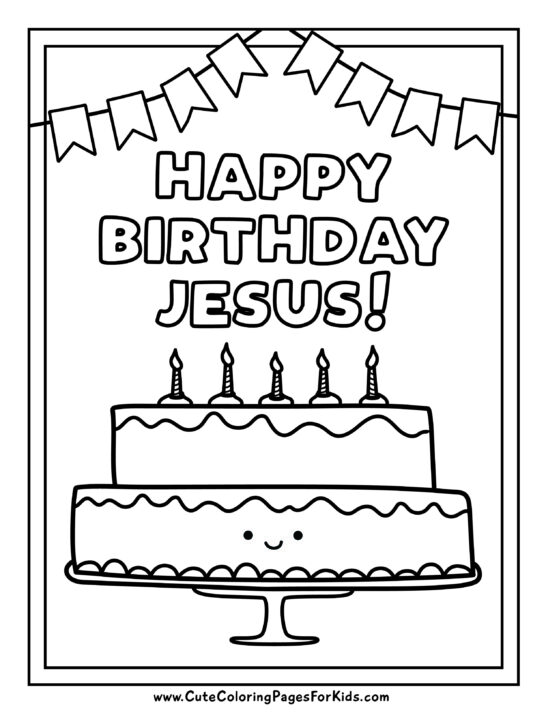 Happy Birthday Jesus Christian Christmas coloring page with cute cake and flag bunting illustrations