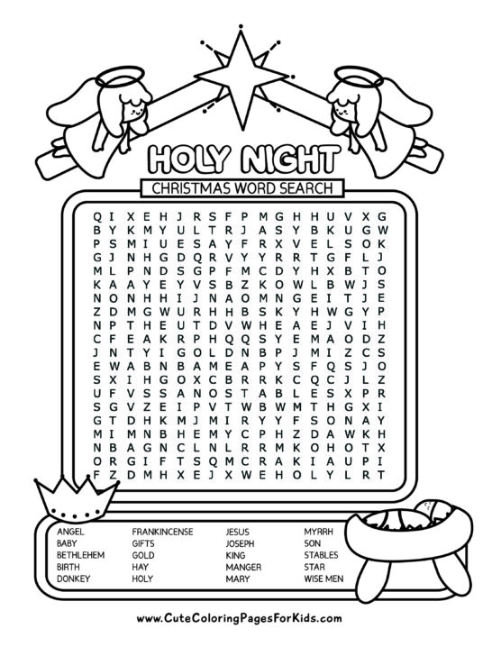 Holy Night Christmas Word Search puzzle with twenty words plus an illustrated crown, baby in manger, and angels.