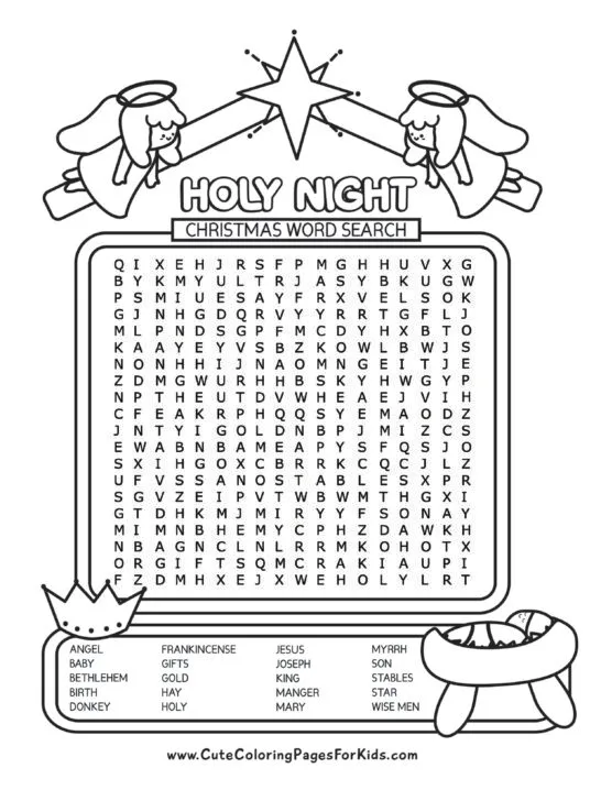 Holy Night Christmas Word Search puzzle with twenty words plus an illustrated crown, baby in manger, and angels.