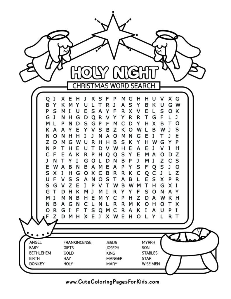 Christian Christmas word search puzzle with 20 words and simple illustrations for coloring