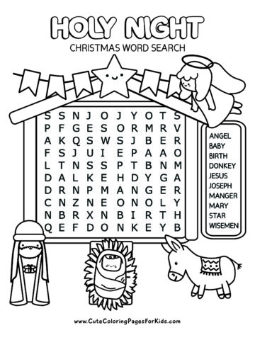 Holy Night word search puzzle in black and white with biblical nativity themes, such as a star, wise man, angel, donkey, and infant in manger.