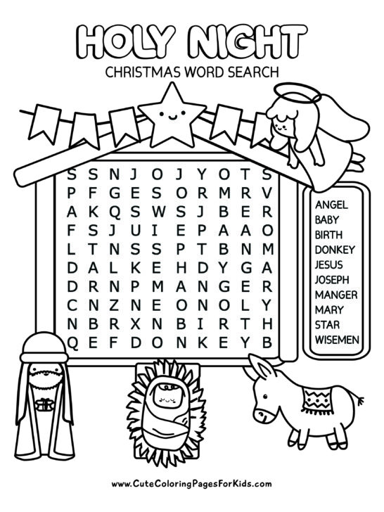 black and white word search sheet with religious Christmas illustrations, drawn in cartoon style.