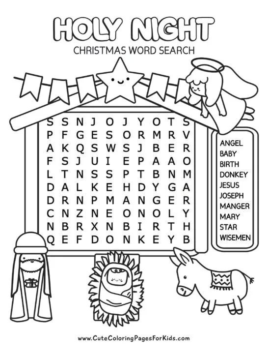 black and white word search sheet with religious Christmas illustrations, drawn in cartoon style.