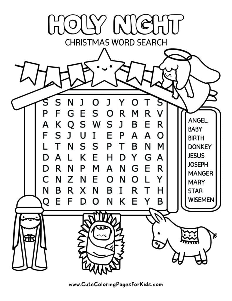 easy Religious Christmas word search with 10 words to find, in black and white with line work illustrations for kids to color