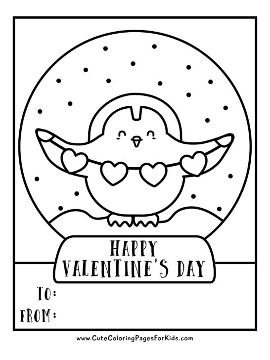 Penguin Valentine in black and white for coloring.