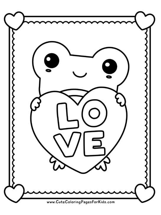 simple frog illustration holding a heart with L-O-V-E in kawaii style