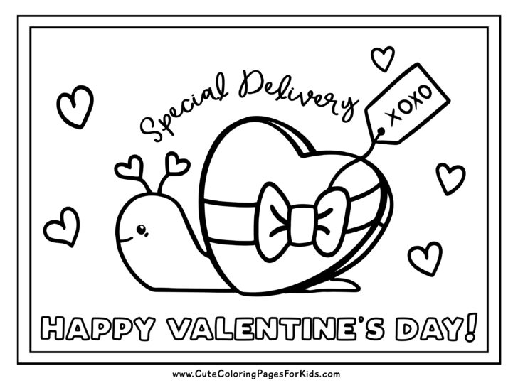 Simple line art illustration of snail carrying a heart-shaped box of chocolates with Happy Valentines Day text.