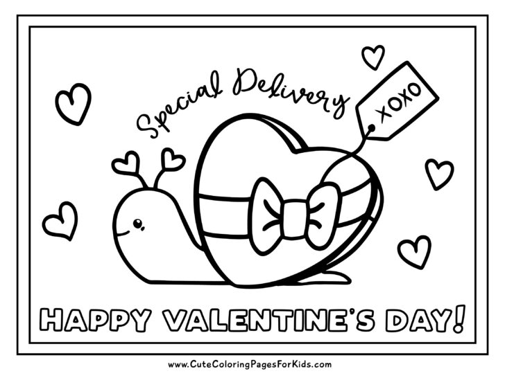 Happy Valentines Day coloring page with cute snail carrying heart-shaped box of chocolates, plus doodle hearts on the page