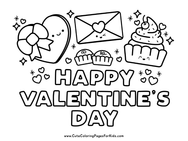 Happy Valentines Day coloring sheet with line art illustrations of hearts, bon bons, envelope with heart, and cupcake.