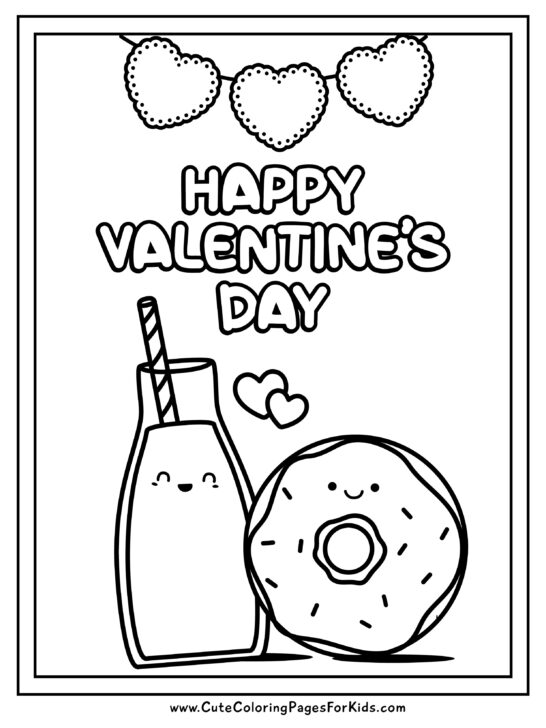 line art of cute milk and donut with the words Happy Valentines Day for coloring