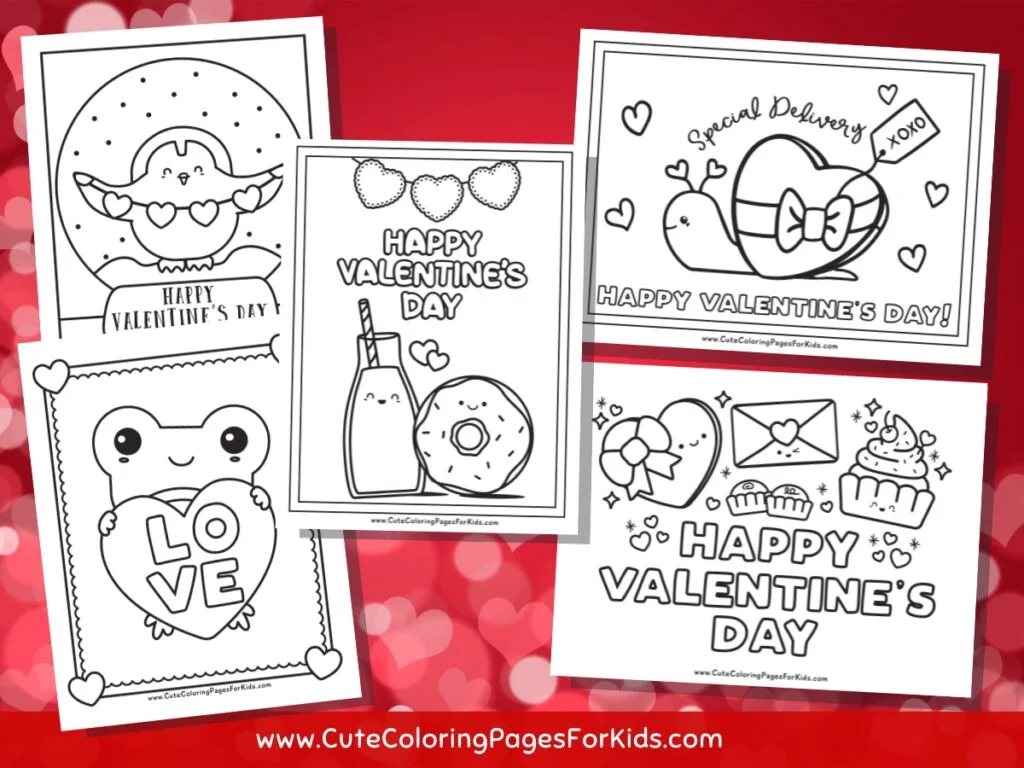 Preview of 5 coloring pages for Valentines Day on a red background with bokeh hearts