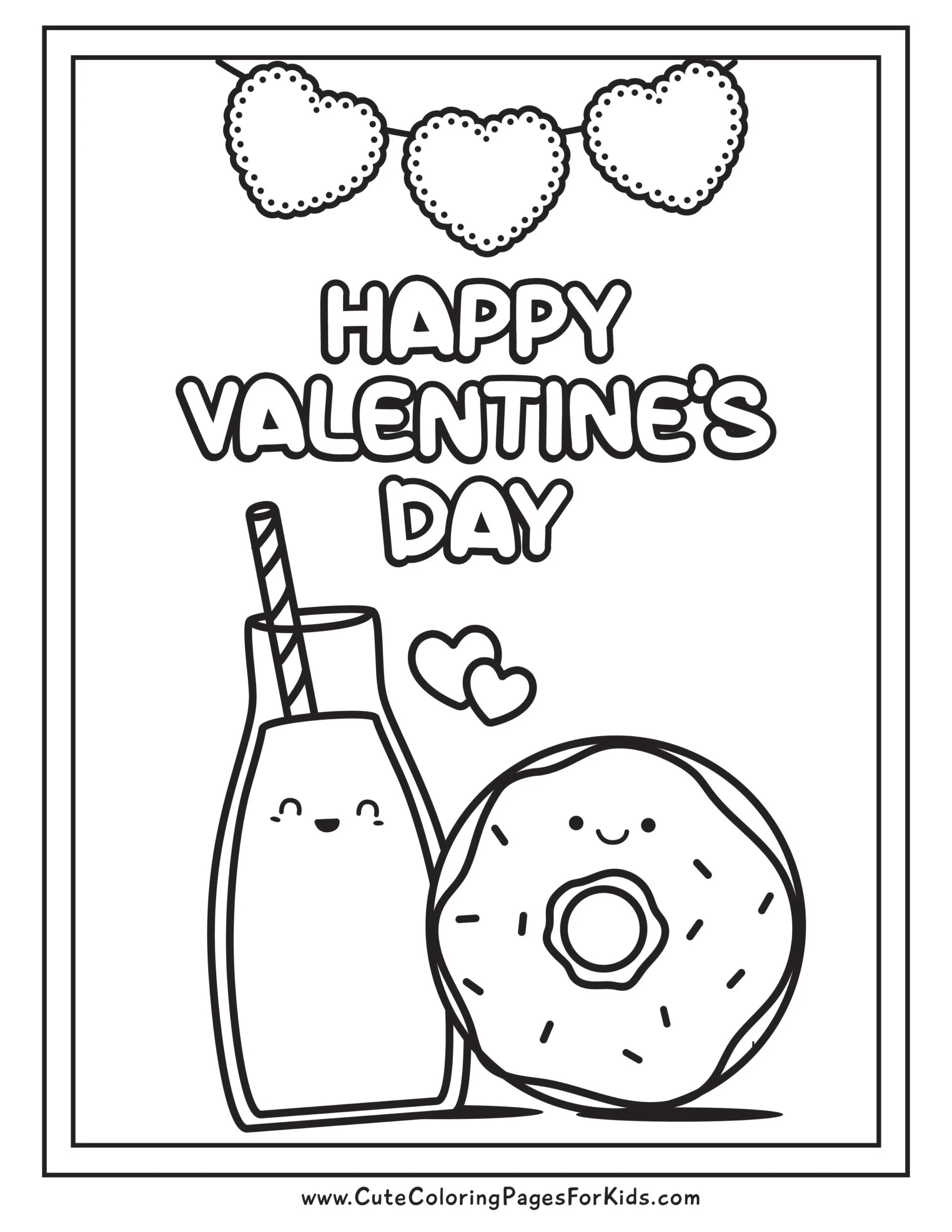 cute happy valentine's day coloring page with simple picture of milk and donut with hearts