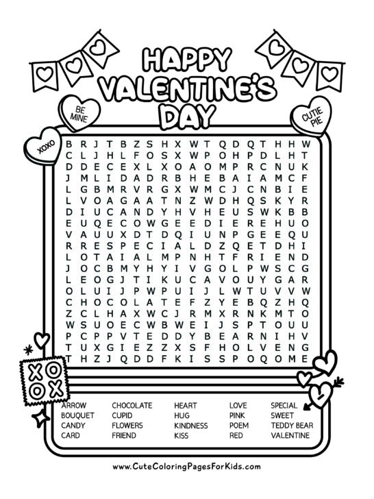 word search for kids, black and white page with conversation heart illustrations and list of 20 Valentine's day words