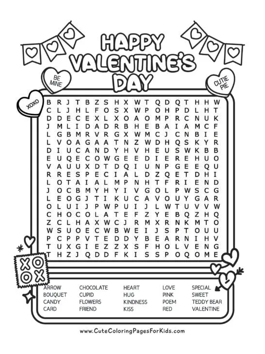 word search for kids, black and white page with conversation heart illustrations and list of 20 Valentine's day words