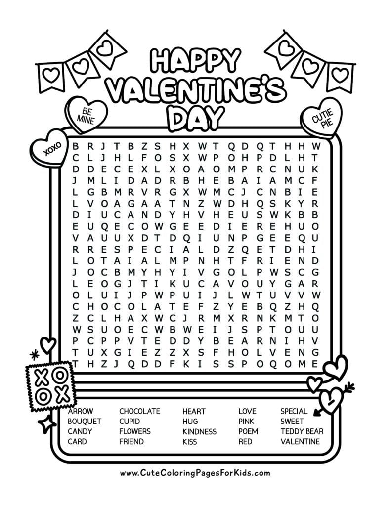 Valentine's Day word search featuring 20 Valentine's day words and black line drawings of conversation hearts and heart doodles to color