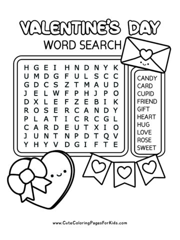 easy Valentine's day word search for kids with 10 words and simple illustrations in black and white of a candy heart box, a love letter envelope, and a heart banner.