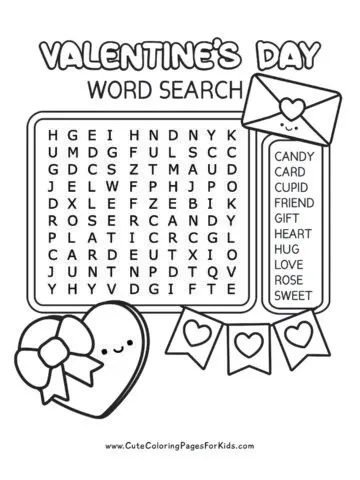 easy Valentine's day word search for kids with 10 words and simple illustrations in black and white of a candy heart box, a love letter envelope, and a heart banner.