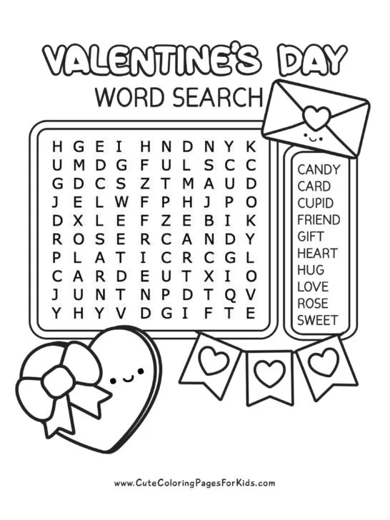 easy Valentine's day word search for kids with 10 words and simple illustrations in black and white of a candy heart box, a love letter envelope, and a heart banner.