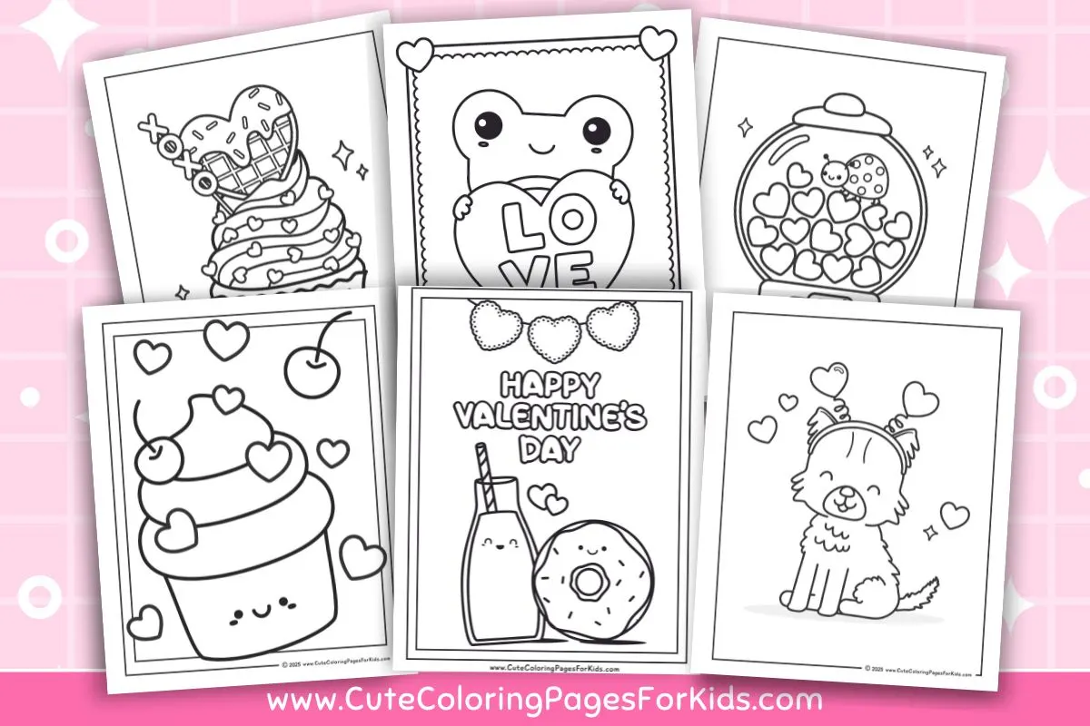 valentines coloring pages preview from cutecoloringpagesforkids.com with six valentine's day themed coloring sheets