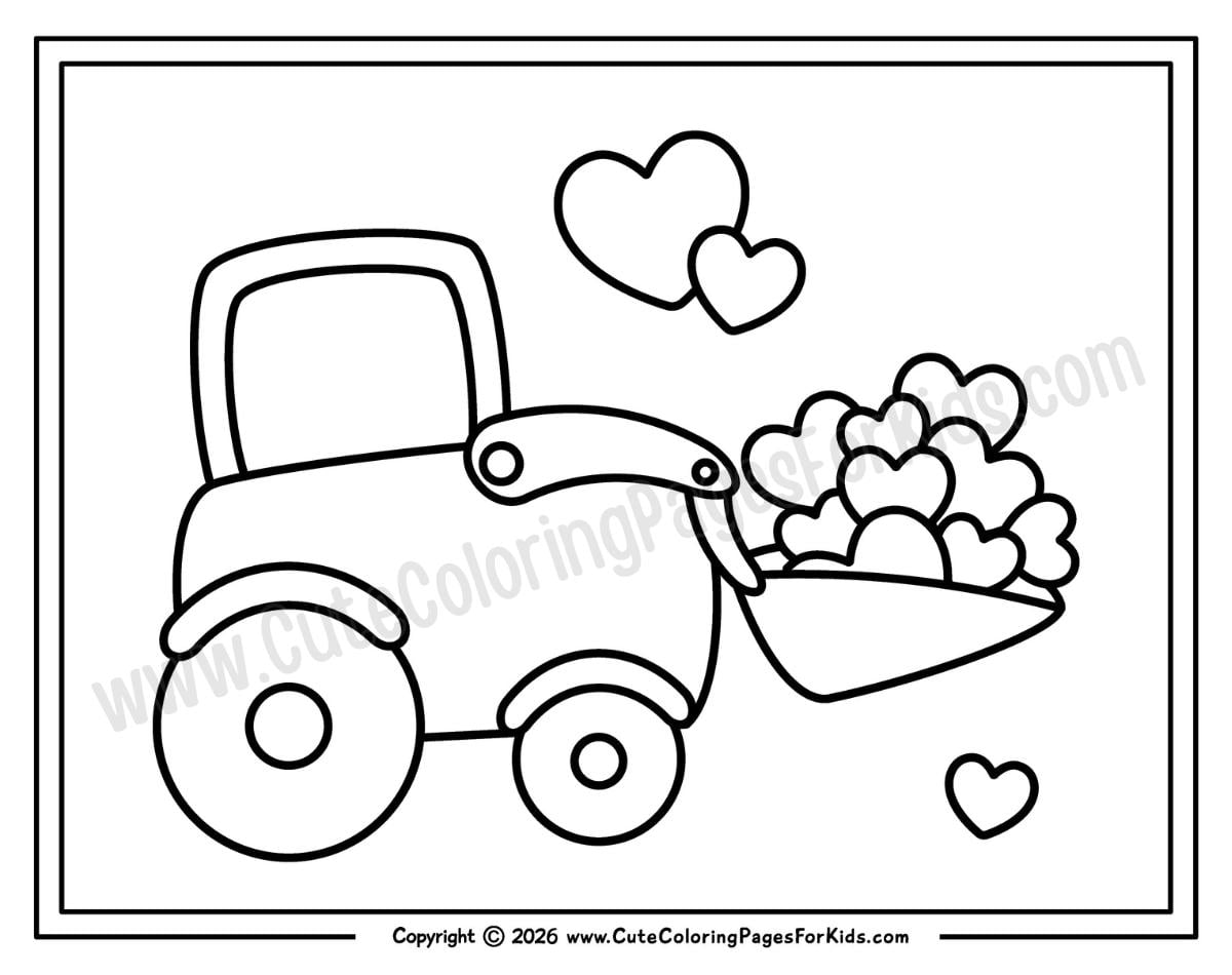 coloring sheet featuring a valentines day tractor with la oad of hearts