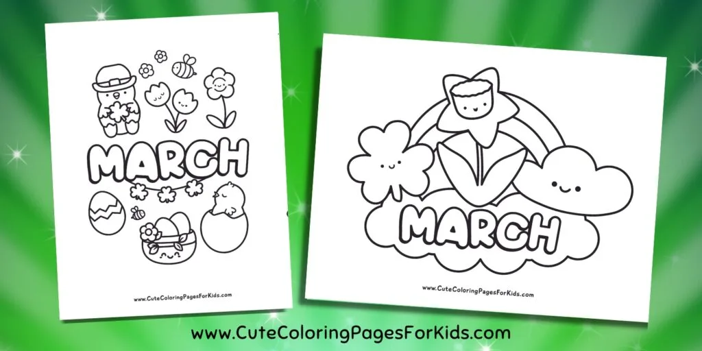 Two March coloring sheets on a green starburst background.