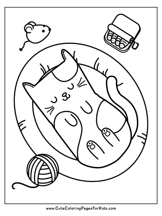 coloring page of a cat laying in a bed surrounded by toys and treats