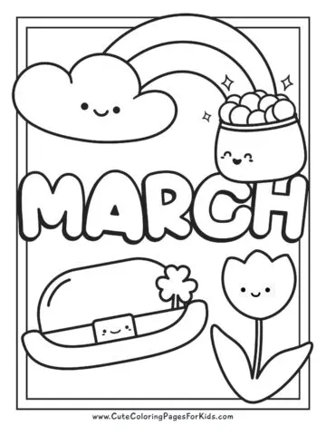 March coloring page with rainbow, pot of gold, leprechaun hat, and tulip in cute cartoon style line drawing.
