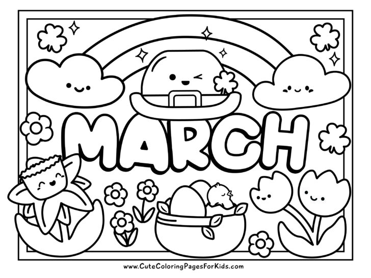 March coloring sheet with cute clouds and rainbow, leprechaun hat, spring flowers, clovers, and nest with eggs