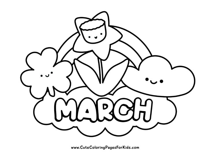 Coloring page with line drawings of a cute daffodil, a rainbow, a happy clover, and the word March.