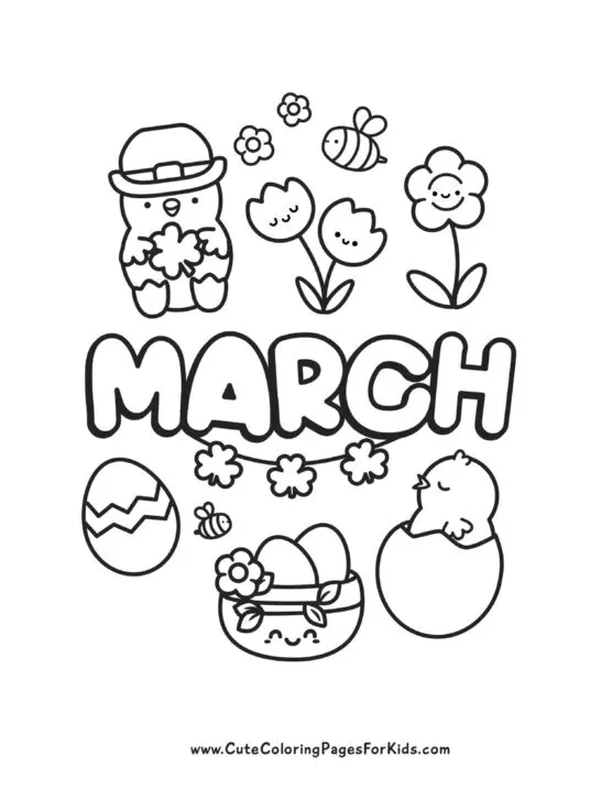 March coloring page with cute drawings of flowers, chicks, a nest, and eggs