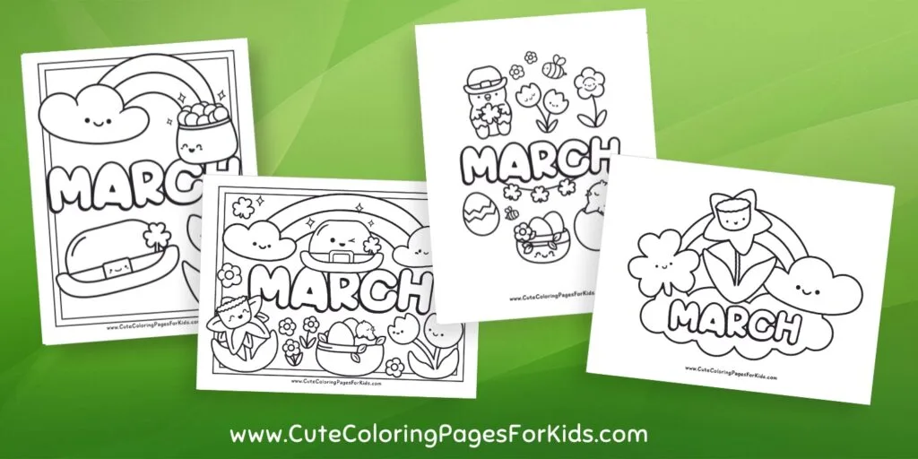four March coloring pages on a green background