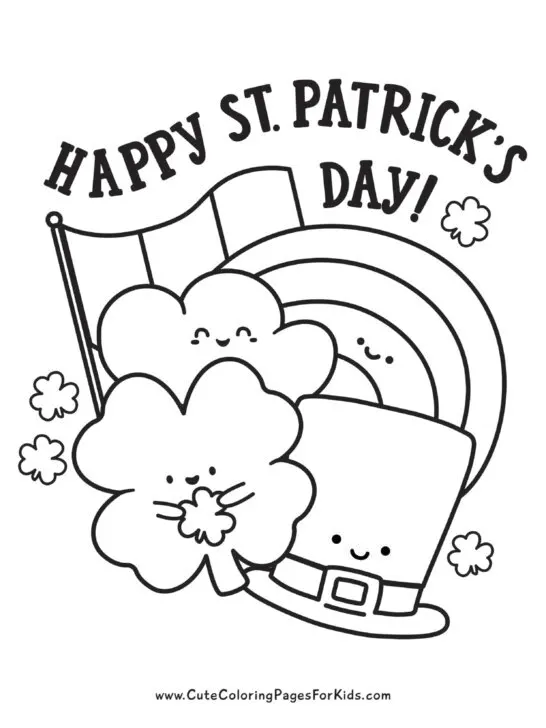 Cute St Patrick's Day coloring page with hat, flag, clover, and rainbow.