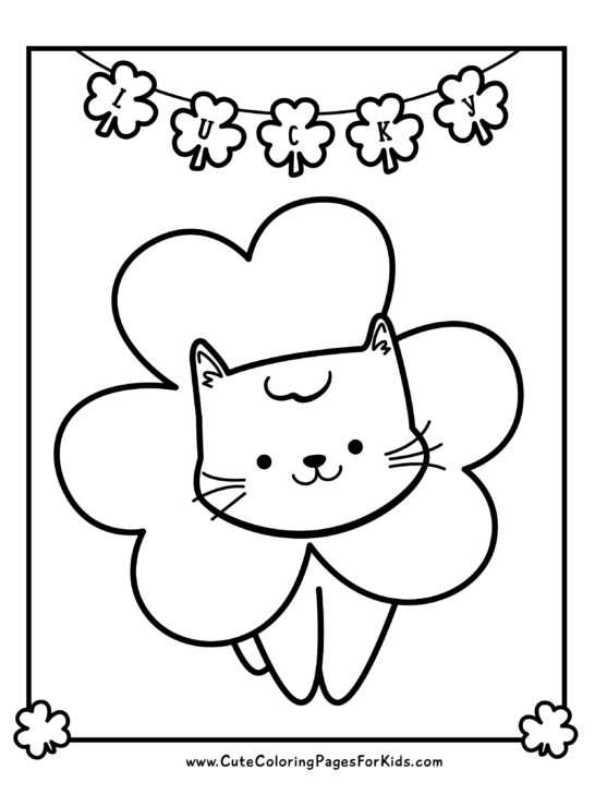 cute kitty wearing shamrock costume with clover bunting coloring sheet