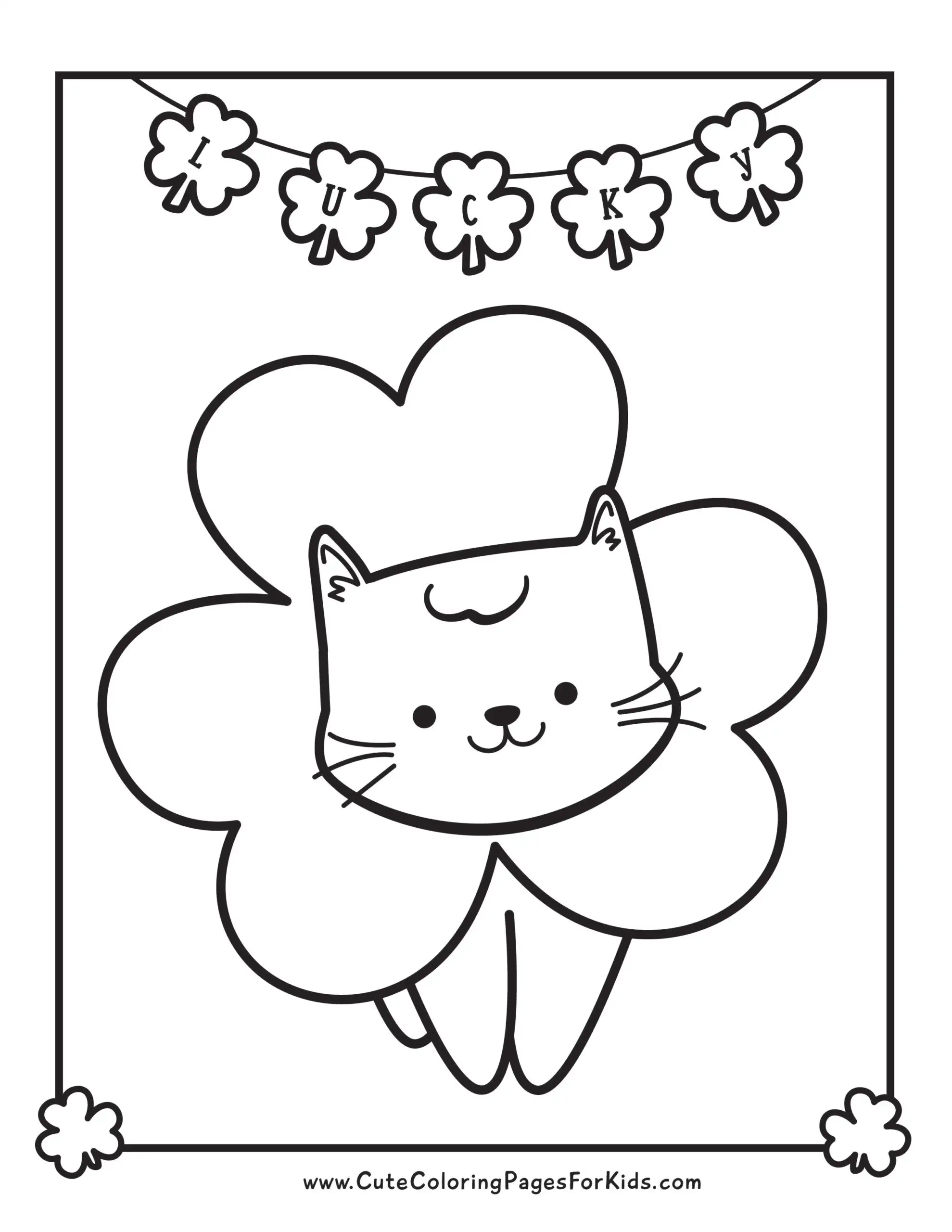 cute kitty wearing shamrock costume with clover bunting coloring sheet