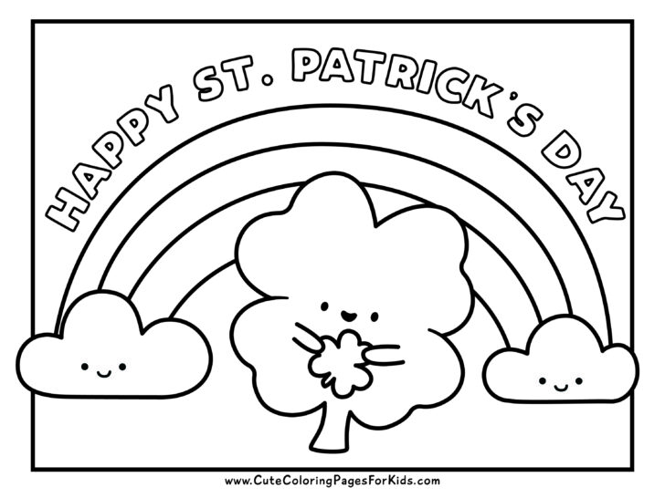 Happy St. Patrick's Day simple coloring sheet with rainbow and cute 4-leaf clover