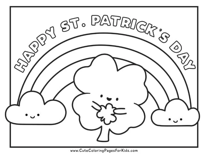 Happy St. Patrick's Day simple coloring sheet with rainbow and cute 4-leaf clover
