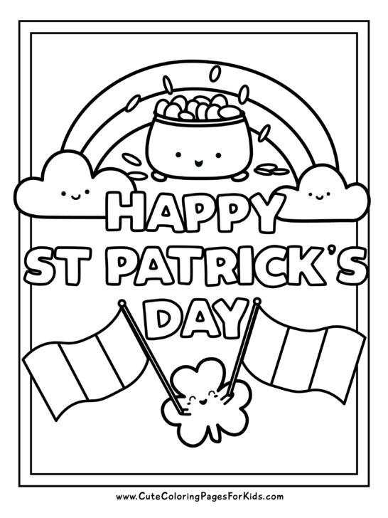 Happy St Patrick's Day coloring page with rainbow, pot of gold, Ireland flags, and shamrock.